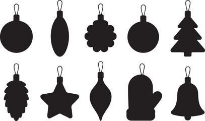 Christmas tree toy black glyph silhouette set. New year holiday decoration stamp stencil mark trace candy star ball pine cone icicle mitten bell spiral gift celebration design party element isolated