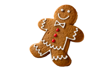 Gingerbread man cookie with white icing and red candy buttons lying on artificial snow, perfect for holiday season promotions and Christmas greetings.