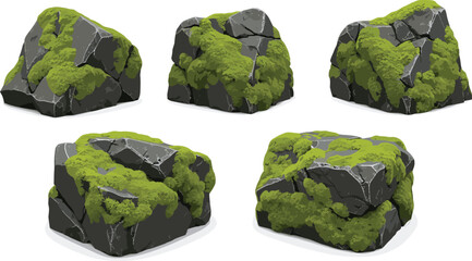 Moss covered rocks, rugged stone texture, natural boulders, green moss patches, geology elements, outdoor terrain, nature background, isolated objects