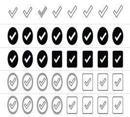 Various checkmark icons in diverse styles outline, solid circle, and solid square, symbolizing approval, completion, and verification, isolated on white background