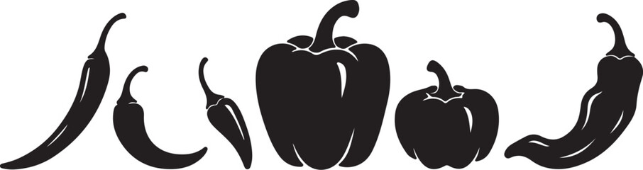 Silhouette Collection of Bell Peppers and Chili Peppers on White Background Keywords: bell pepper, chili pepper, hot pepper, vegetable, food, ingredient, silhouette, black on transparent background