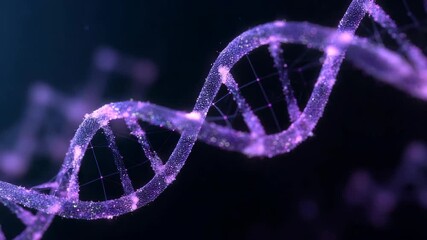 Close-up of purple glowing dna helix on dark background - Powered by Adobe