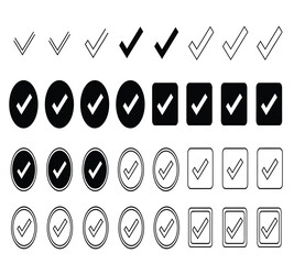Various checkmark icons in diverse styles outline, solid circle, and solid square, symbolizing approval, completion, and verification, isolated on white background