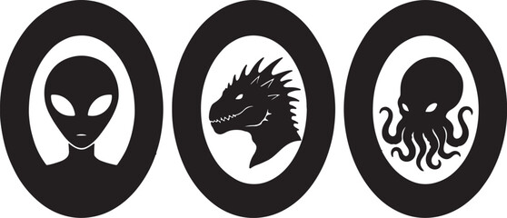 Three circular icons featuring a silhouette of an alien a dragon and an octopus on white background alien silhouette on transparent background