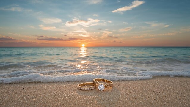 Sunset over the ocean with wedding rings on the sand, symbolizing love and commitment at the beach. Romantic and peaceful scene.