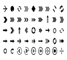 A comprehensive collection of black arrow icons and symbols, depicting various directions, movements, and actions for design projects, isolated on white background