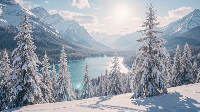 Snow-covered trees and mountain landscape with lake view in a winter scene.