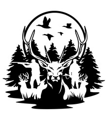 Deer Hunters Mountain Scene Vector Illustration