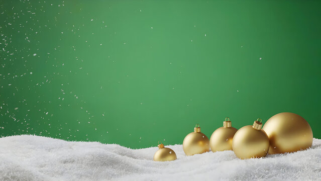 Horizontal greenscreen snowfall background with golden Christmas baubles placed in the lower right corner only