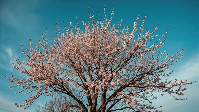 Cherry blossom tree with pink flowers against a blue sky. Spring season, nature, blooming. The tree of life and renewal.