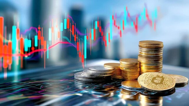 Cryptocurrency boom in a digital marketplace, virtual coins and blockchain networks visualized, traders monitoring volatile charts, future of finance, neon cyber aesthetics, dynami