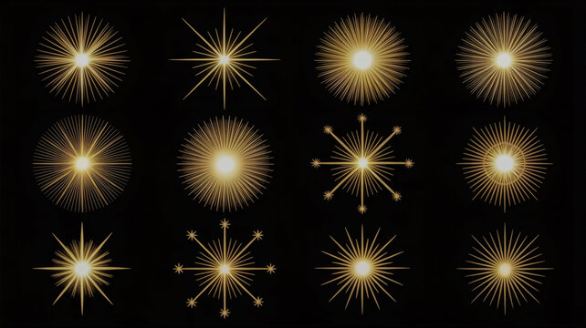 Set of radiant golden light bursts and star elements collection