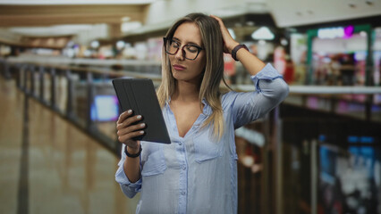 Woman holding tablet, hand on head, wearing glasses and light blue blouse in shopping building; confusion decision.