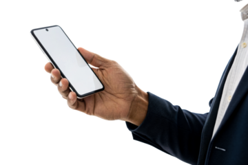 Black man in suit holding smartphone with blank screen for business communication and mobile app promotion applications