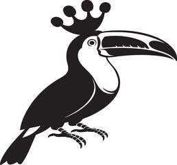 Naklejka premium A stylized black and white illustration of a toucan bird adorned with a regal crown, perched with its beak pointing left.