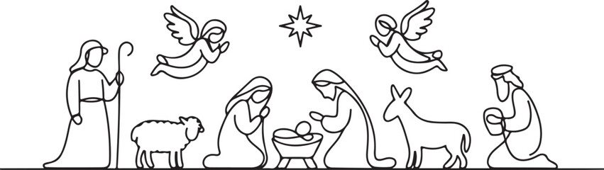 Continuous one line drawing. Bible Merry christmas scene of holy family. Vector illustration