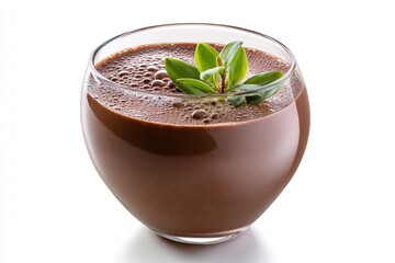 Sugar-free chocolate mousse in a glass cup isolated on white for healthy dessert branding and food stock content.