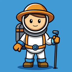 Cartoon builder and farmer vector illustration characters with shovel and bucket, featuring a smiling worker in a professional uniform or helmet