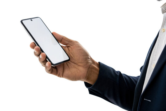 Black man in suit holding smartphone with blank screen for business communication and mobile app promotion applications
