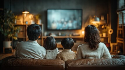 Happy asian family relaxing together on the sofa in living room, watching tv, enjoying each other's company, father, mother, son, and daughter spending time together