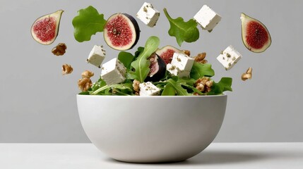 Fresh salad with mixed greens, figs, walnuts, and feta cheese, beautifully arranged in a white bowl, showcasing vibrant colors and textures, perfect for healthy eating concepts