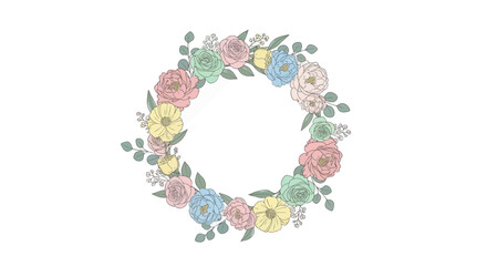 A beautiful floral wreath made of pastel-colored flowers, perfect for spring and summer designs and decorations