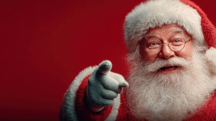 Santa claus points to blank sign with cheerful smile for Christmas sale or promotion advertisement, high quality seasonal stock