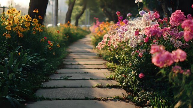 Scenic walkway lined with colorful flowers a peaceful path through nature perfect for travel blogs and garden designs