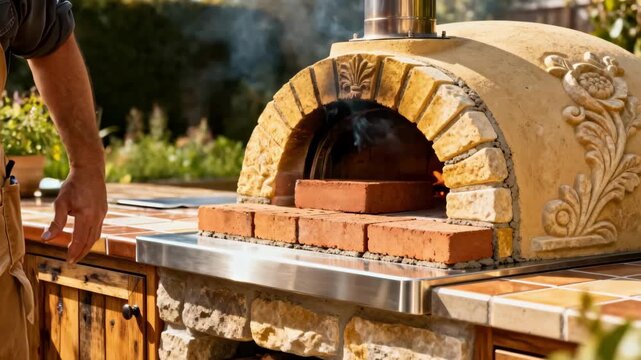 Artisan carefully placing firebricks inside a custommade woodfired pizza oven highlighting intricate craftsmanship and outdoor kitchen design.