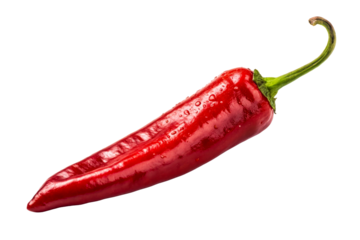 Vibrant red chili pepper glistening with water droplets, perfect for food and beverage advertising, culinary projects, and spicethemed visuals for web and print.
