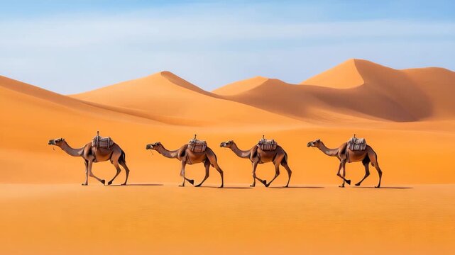 Camel caravan walking across orange desert	
