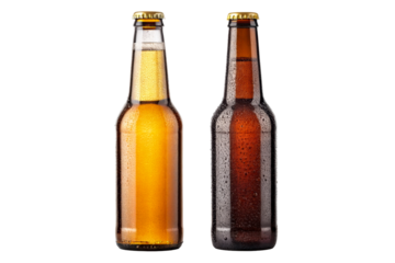 Two frosty bottles of beer condensation glistening under studio lights, perfect for beverage advertising and refreshment themes.