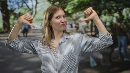 Woman in striped shirt showing thumbs pointing to chest among bright green foliage on street; confidence pride empowerment.