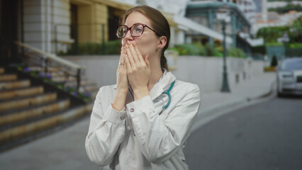 Fototapeta premium Blonde woman doctor in white coat with stethoscope and glasses blows a kiss outdoors on a busy city street; relief.