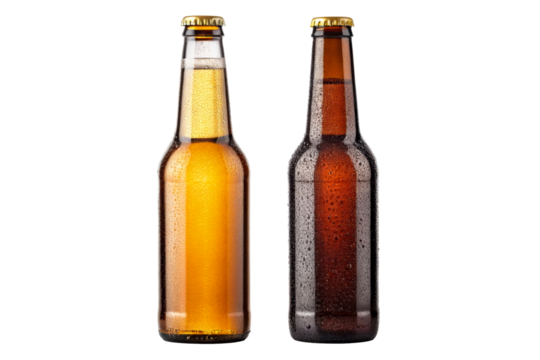 Two frosty bottles of beer condensation glistening under studio lights, perfect for beverage advertising and refreshment themes.