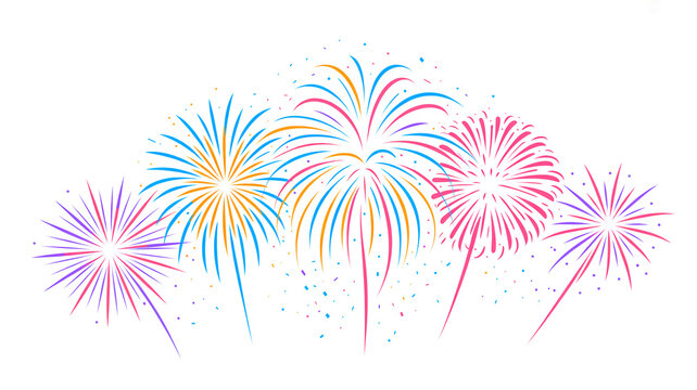 Bright festive fireworks explosions with confetti for celebration