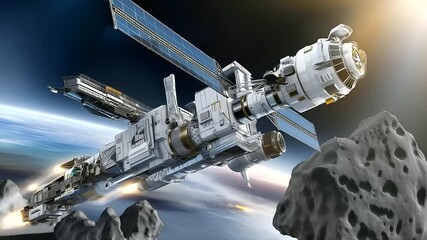 Asteroid mining operation in space, robotic arms extracting resources from rocky bodies, future economy of celestial materials, cosmic vacuum with metallic gleams, sci-fi adventure