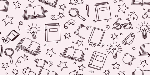 Hand Draw Education Pattern, Collection Of Book Lightbulb And Star Symbols For Learning Design Project Management And School Applications

