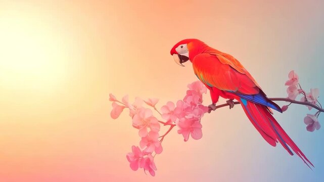 Vibrant bird perched on spring flower in sunlight