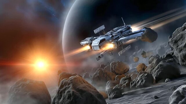 Asteroid mining operation in space, robotic arms extracting resources from rocky bodies, future economy of celestial materials, cosmic vacuum with metallic gleams, sci-fi adventure