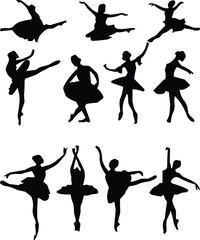 Ballet dancer silhouettes, elegant ballerina poses collection, graceful dance movements, classical ballet illustration set for performing arts and choreography design