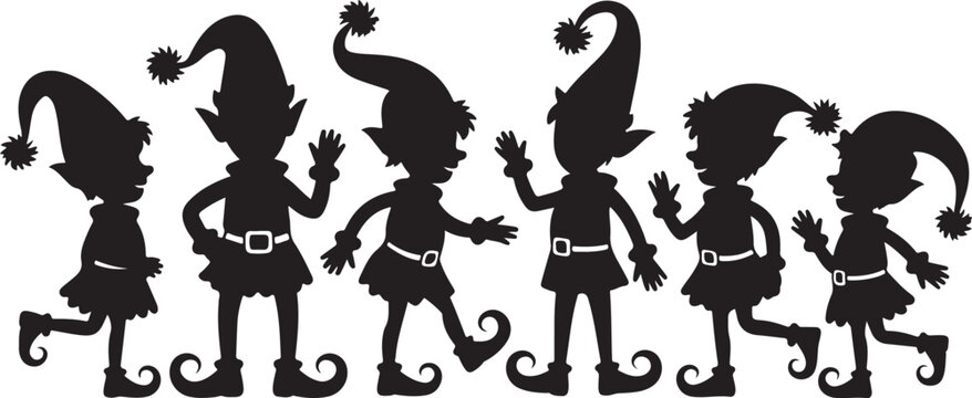Festive Christmas elf silhouettes in various poses, capturing holiday spirit and charm in black vector black vector