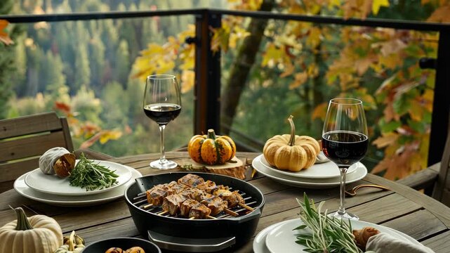 Enjoy a delightful meal featuring roasted meats, seasonal vegetables, and local wines amidst autumn scenery