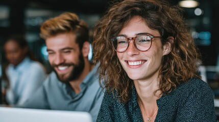 Happy diverse business team working together at desk using laptop in modern office. Young professional executives consult employee learning new corporate software