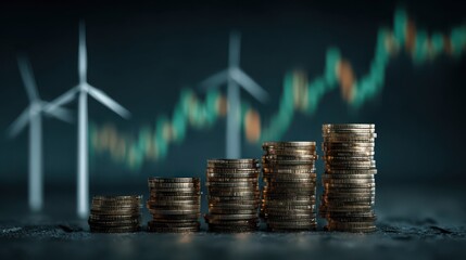 Green energy investments showing positive trends with wind turbines and rising stock market charts in a strong economy
