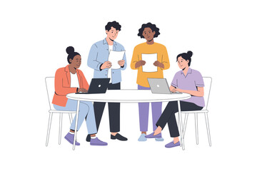 Illustration of four people working at a round table with laptops papers