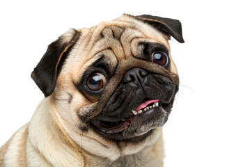 Closeup portrait of a charming pug dog with expressive eyes and tongue out, perfect for pet product advertising, veterinary services, and caninethemed content.