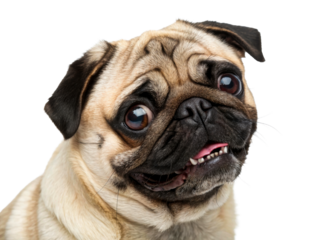 Closeup portrait of a charming pug dog with expressive eyes and tongue out, perfect for pet product advertising, veterinary services, and caninethemed content.