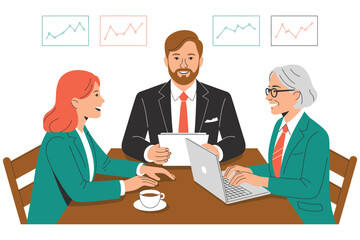 Three business people at a table with laptop and charts in the background