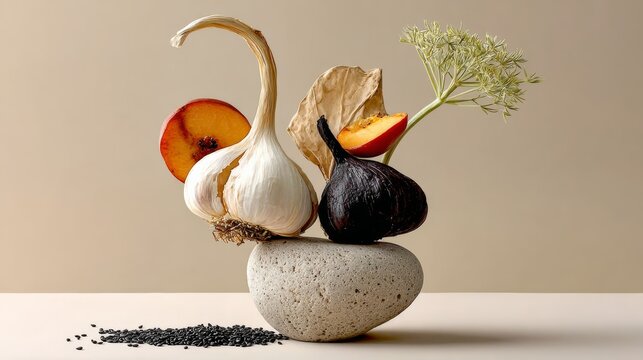Arrangement of fresh garlic, ripe figs, peach slices, and herbs on a smooth stone, showcasing natural textures and colors in a minimalist composition with artistic flair